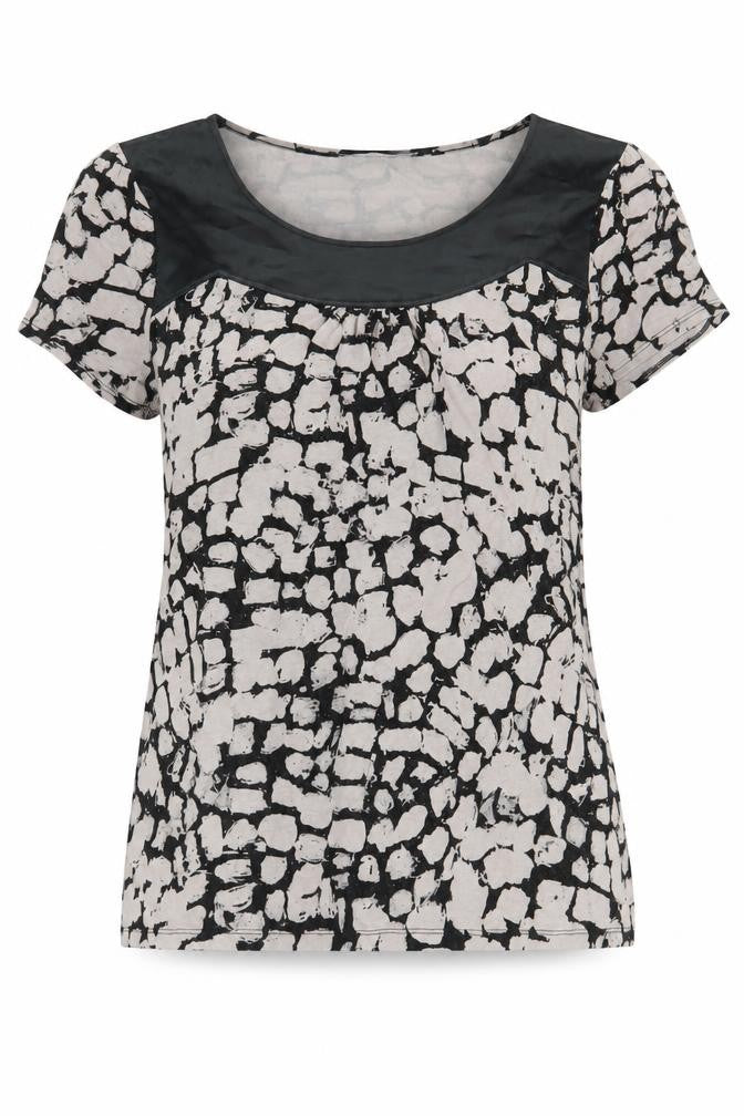 Front view of Marks & Spencer women’s black geometric viscose basic blouse, size UK 12, round neck