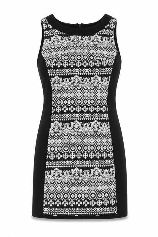 Front view of women’s black geometric polyester a-line, size UK 6, round neck zip