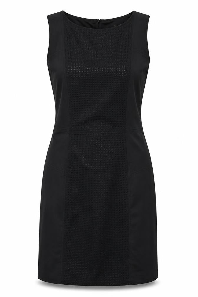 Front view of ORSAY women’s black polyester a-line, size UK 12, boat neck zip