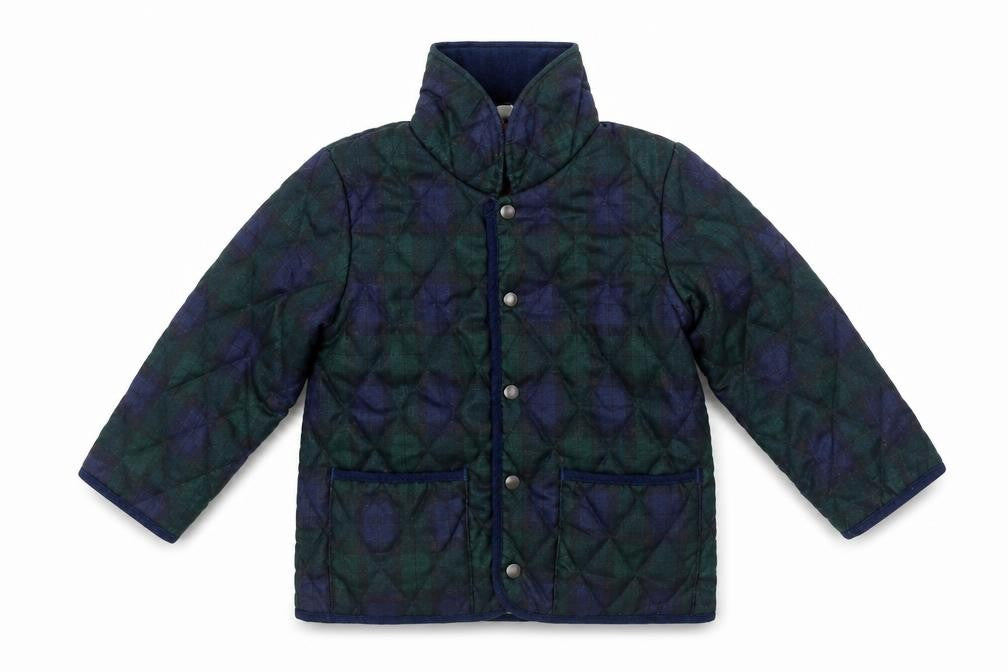 Front view of Samansa boys’ blue plaid quilted jacket, size L, snap