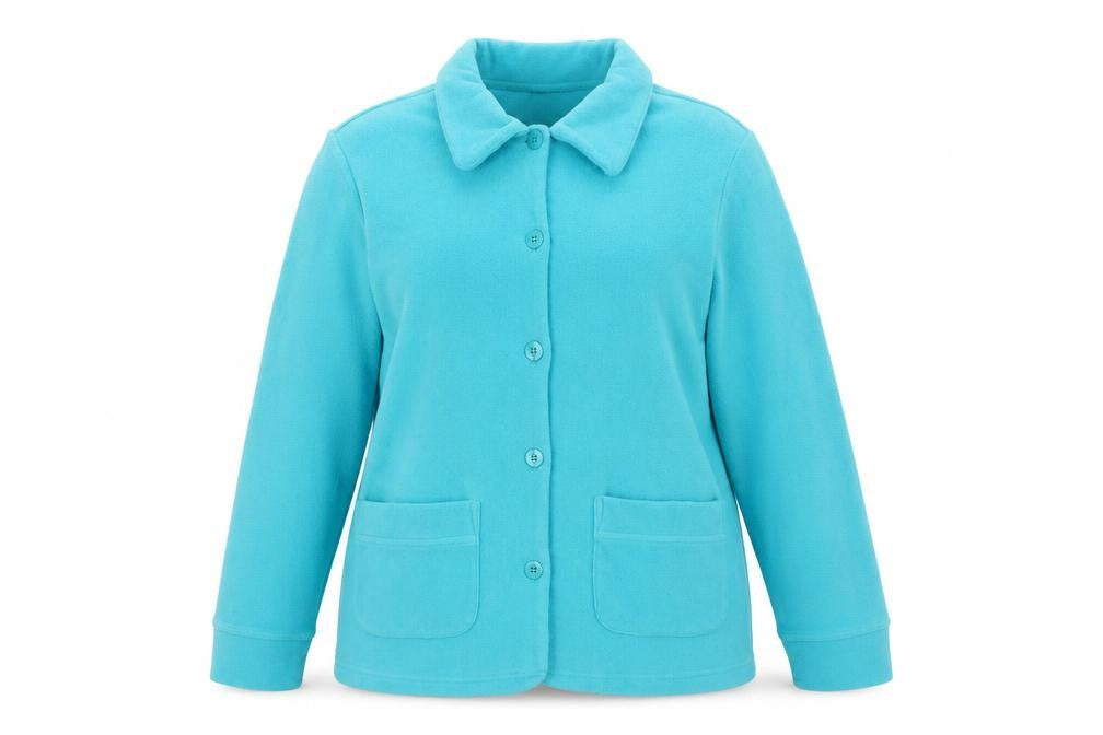 Front view of Damart women’s blue jacket, size UK 14, button