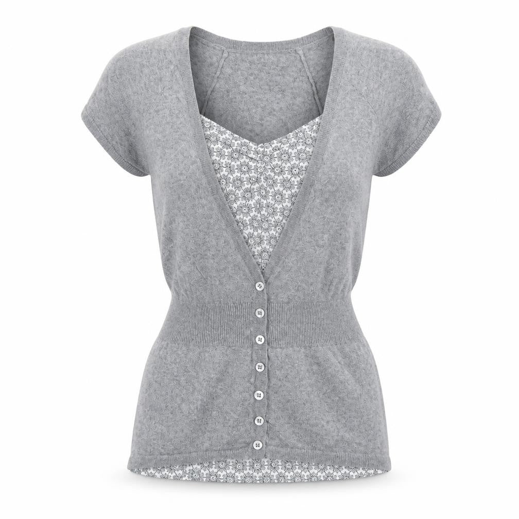 Front view of Marks & Spencer women’s grey geometric acrylic basic blouse, size UK 12, square neck - twin set