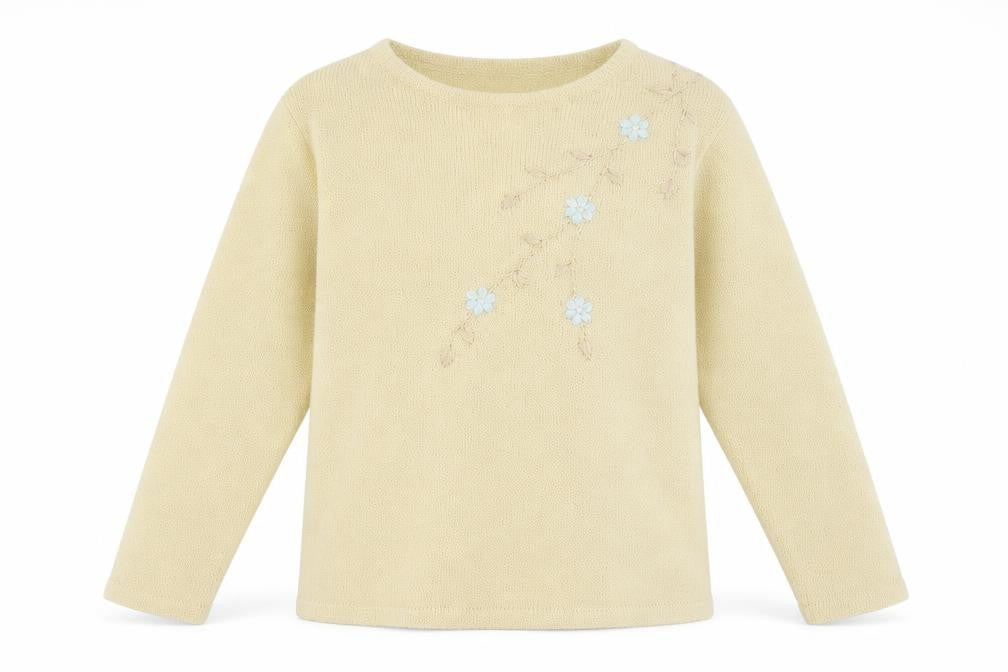 Front view of EWM women’s beige round neck acrylic jumper, size M, - floral