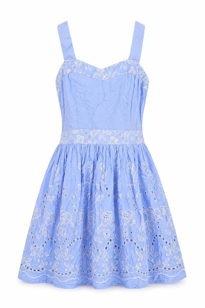 Yumi Womens Blue Floral 100% Cotton Fit & Flare Size S Sweetheart Zip - Broderie Anglaise