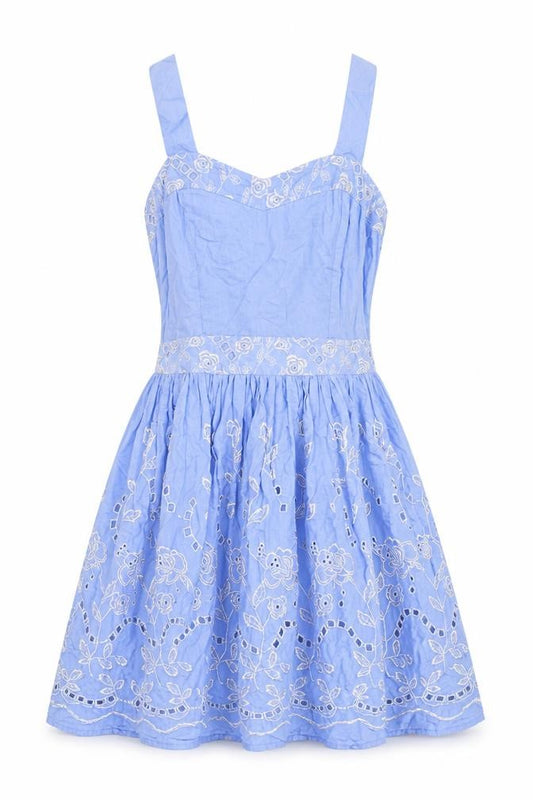 Front view of Yumi women’s blue floral 100% cotton fit & flare, size S, sweetheart zip - broderie anglaise