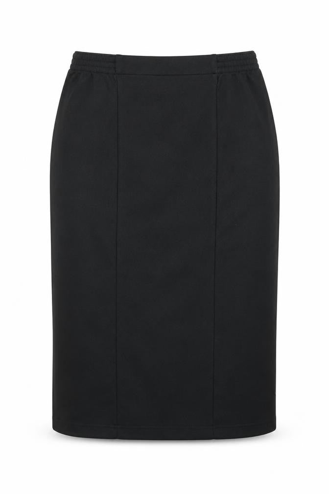 Front view of Damart women’s black polyester straight & pencil skirt, size UK 41, in hook & loop
