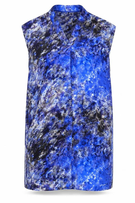 Front view of Damsel in a Dress women’s blue geometric viscose a-line, size UK 10, v-neck pullover