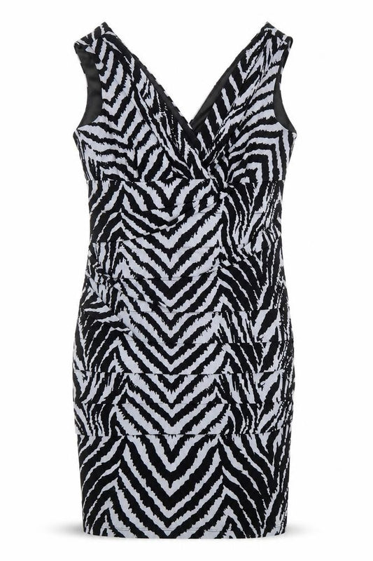 Front view of Saint Tropez Clothing women’s grey animal print polyester bodycon, size UK 12, v-neck pullover - tiger pattern