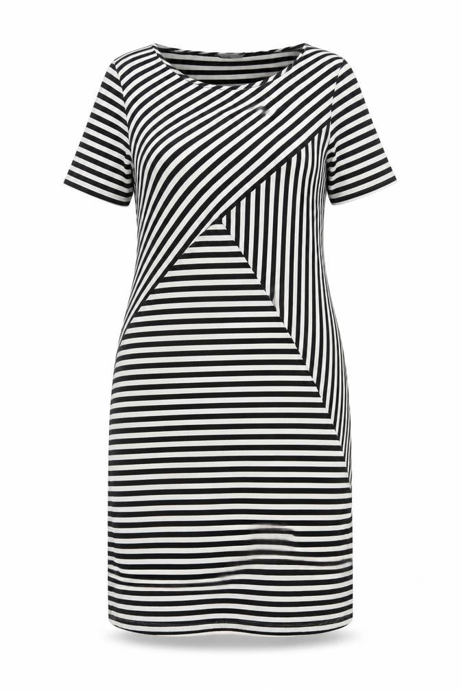 Front view of Marks & Spencer women’s black striped viscose a-line, size UK 12, round neck pullover