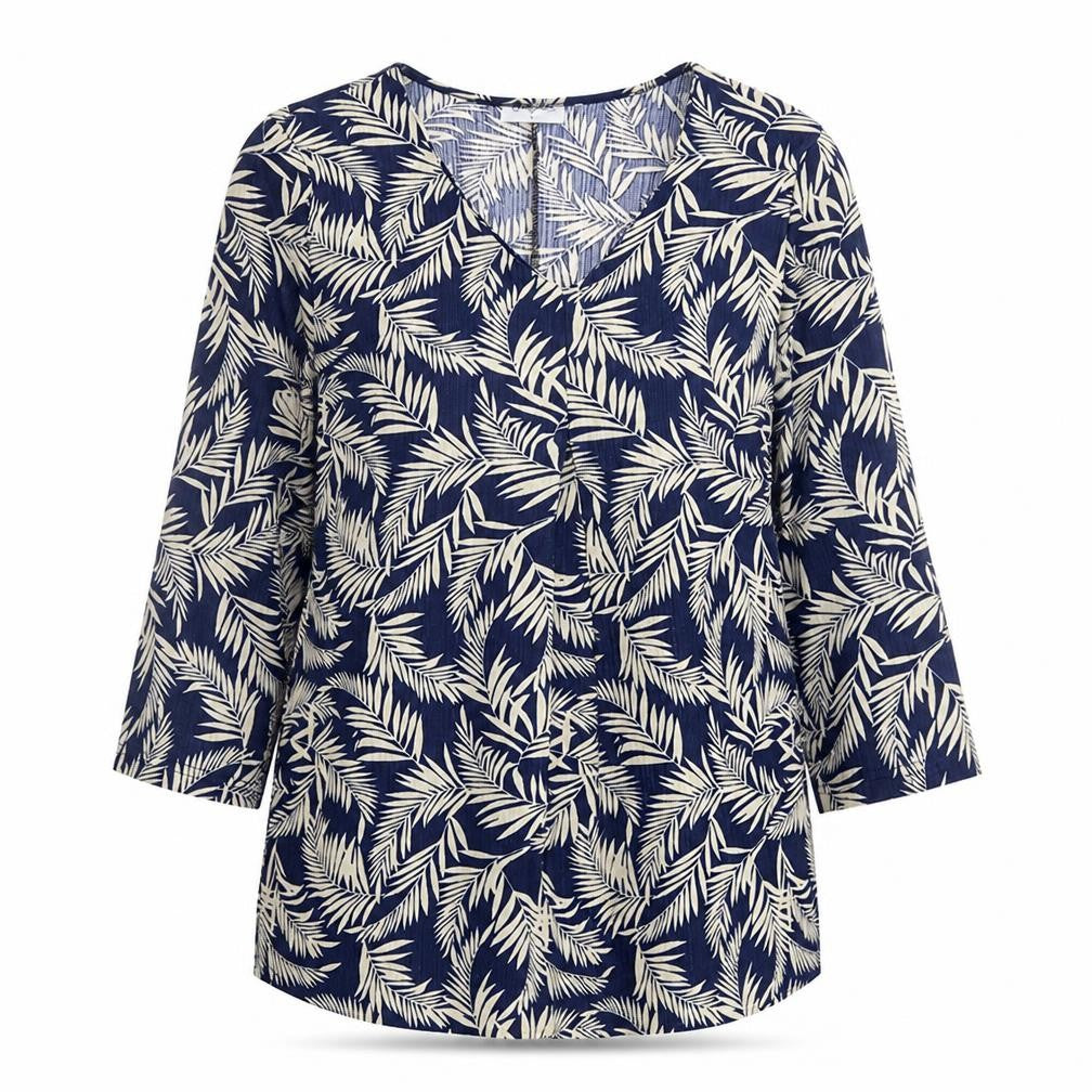 Front view of Bodyprints women’s blue geometric polyester basic blouse, size S, v-neck