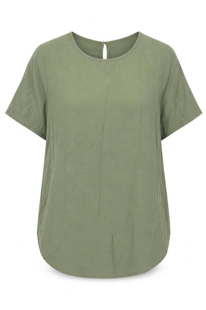 Front view of H&M women’s green viscose basic t-shirt, size UK 8, round neck