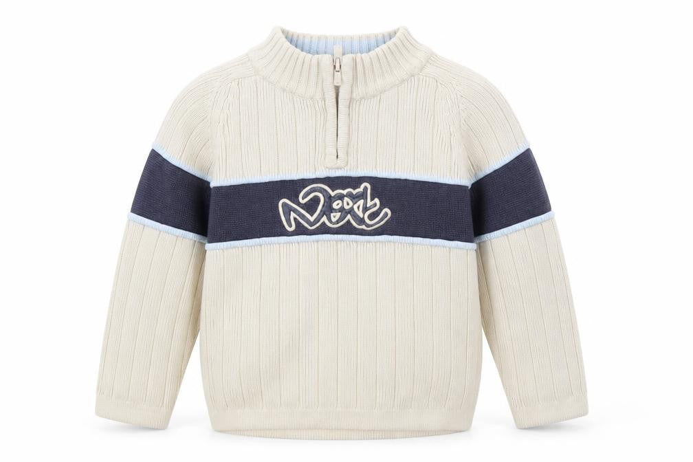 Front view of Next boys’ beige high neck cotton jumper size 2xs zip