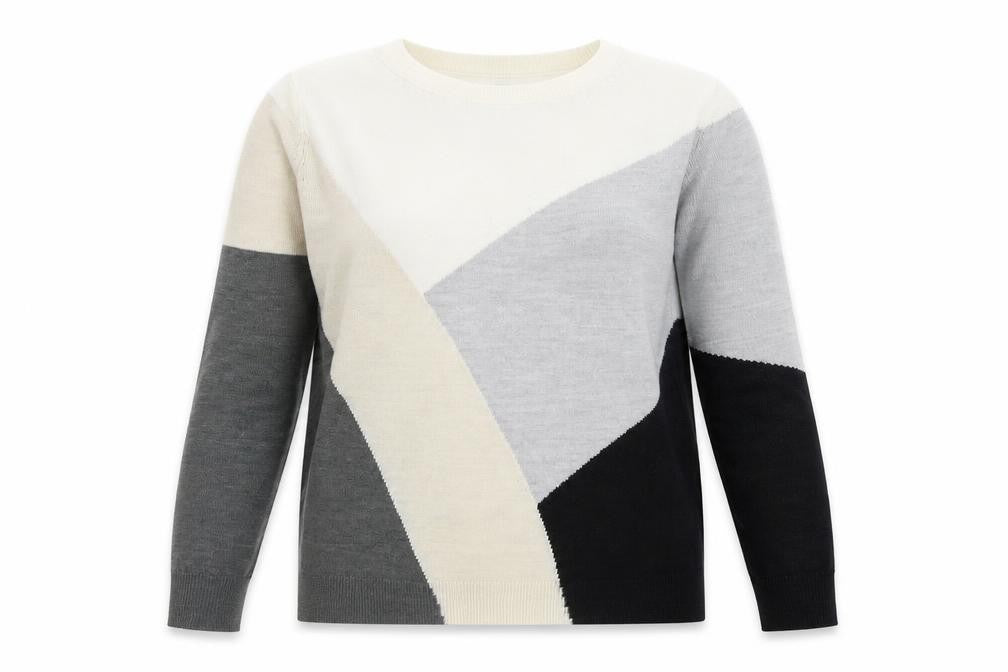 Front view of Marks & Spencer women’s multicoloured round neck geometric acrylic jumper, size UK 6