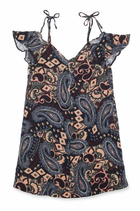 Front view of River Island women’s multicoloured geometric viscose a-line, size UK 12, v-neck pullover