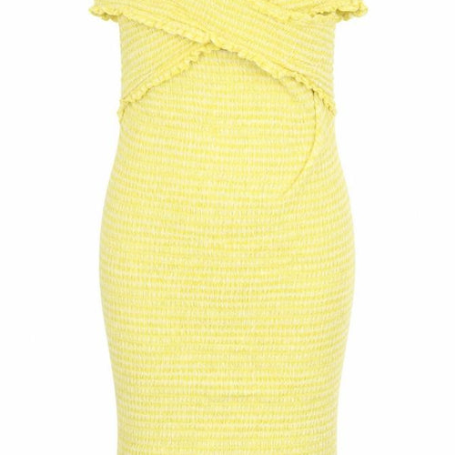 Missguided Womens Yellow Check 100% Cotton Bodycon Size 6 Off the Shoulder Pullover