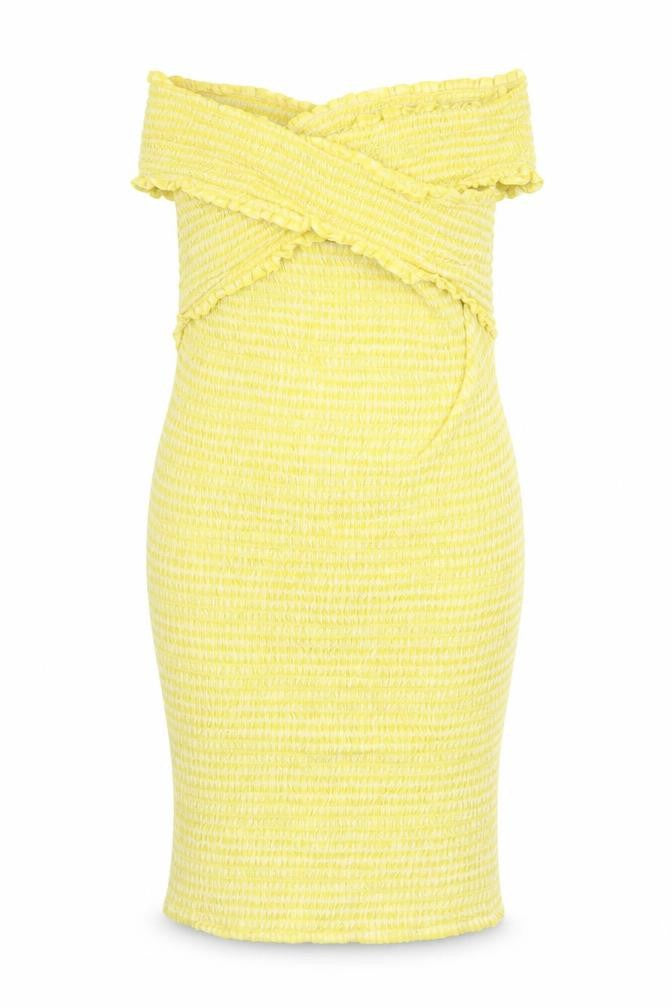 Missguided Womens Yellow Check 100% Cotton Bodycon Size 6 Off the Shoulder Pullover