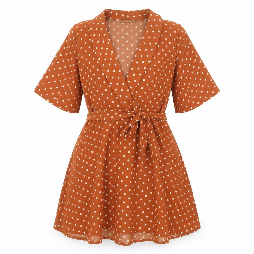 Front view of PRETTYLITTLETHING women’s brown polka dot polyester fit & flare, size UK 6, v-neck tie