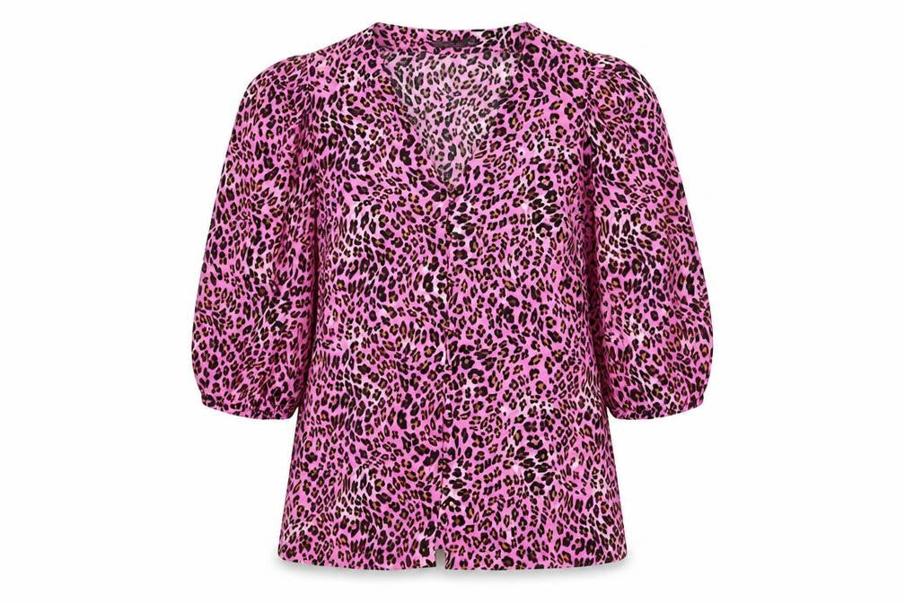 Marks and Spencer Womens Pink Animal Print Viscose Basic Blouse Size 8 V-Neck - Leopard Print