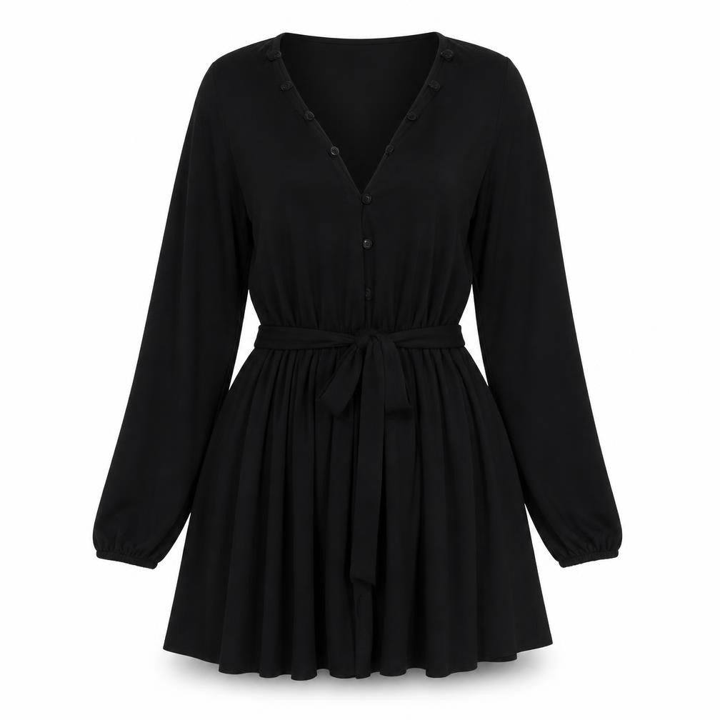 Front view of ASOS women’s black polyester fit & flare, size UK 10, v-neck button