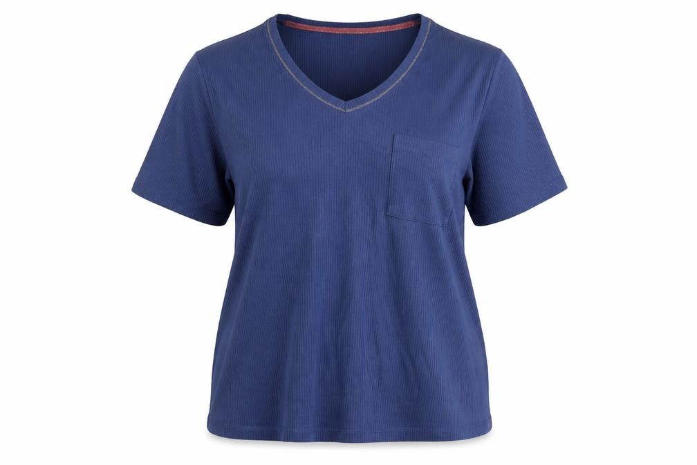 Front view of Mark Alexander women’s blue cotton basic t-shirt, size UK 14, v-neck