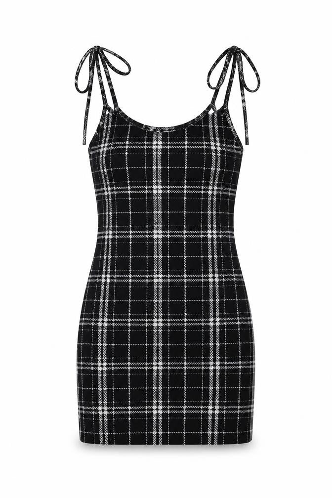 Front view of SHEIN women’s black plaid polyester a-line, size XS, scoop neck tie
