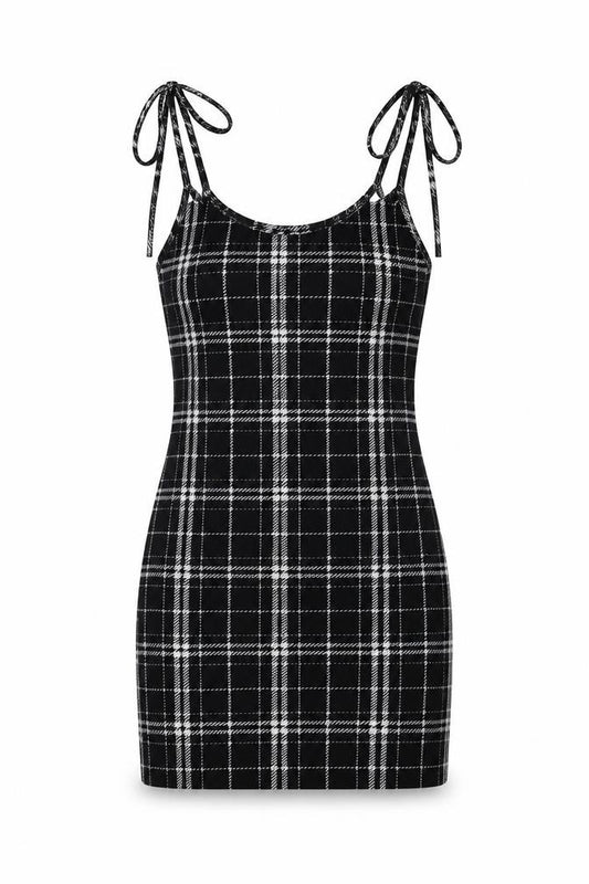 Front view of SHEIN women’s black plaid polyester a-line, size XS, scoop neck tie