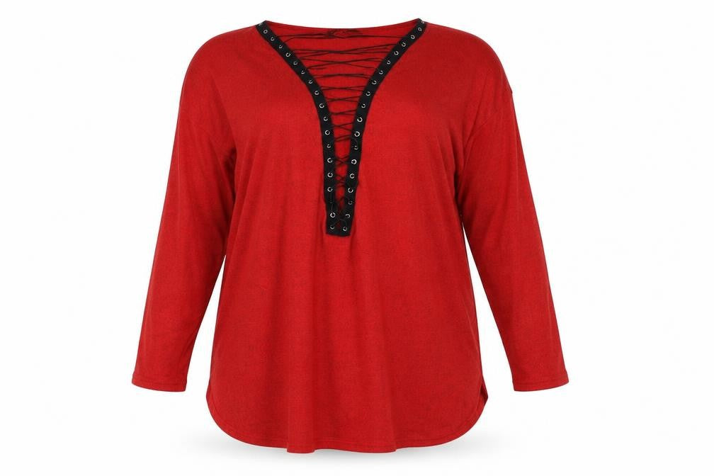 Front view of Zanzea women’s red v-neck polyester jumper, size 4XL