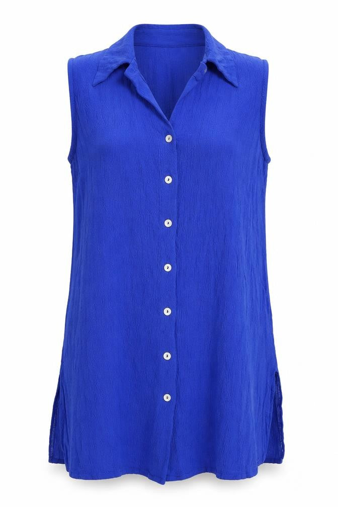 Front view of BHS women’s blue viscose basic tank, size UK 12, v-neck