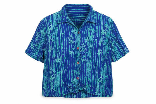 Front view of BHS women’s blue geometric viscose basic button-up, size UK 16, v-neck