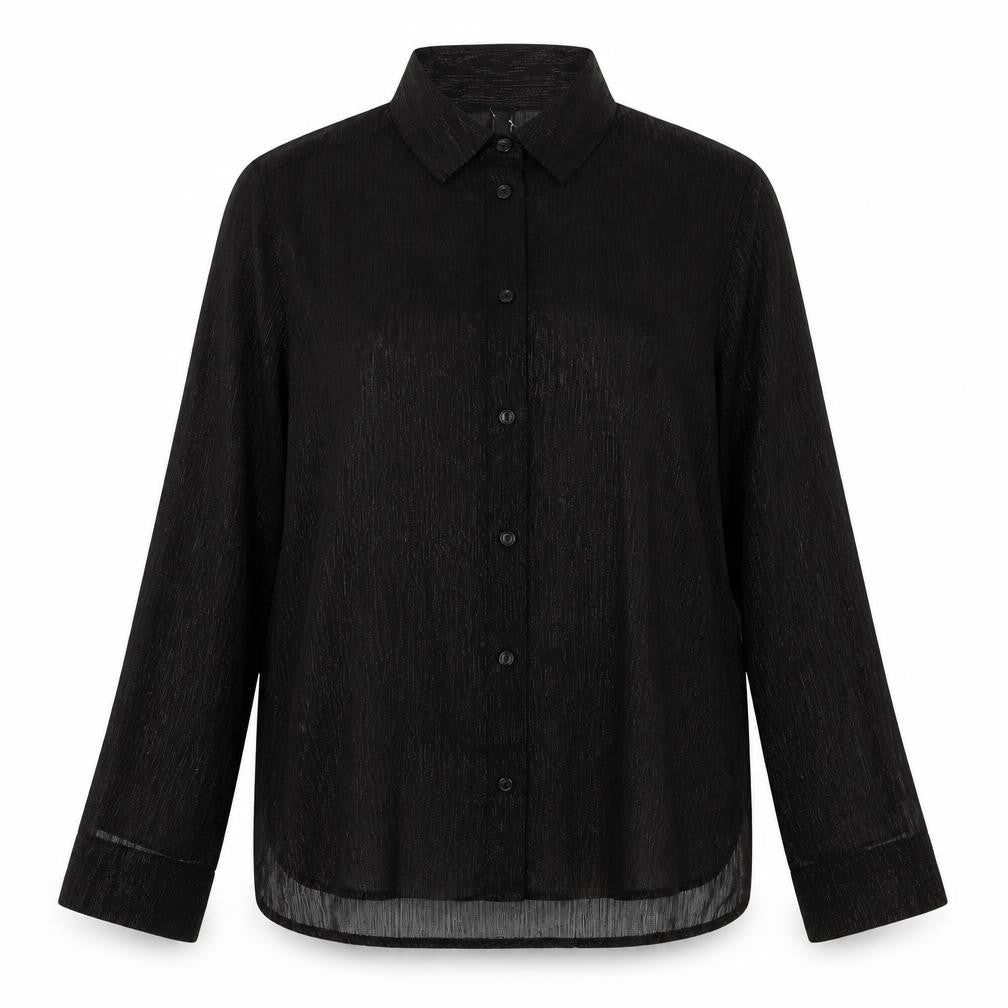 Front view of Divided by H&M women’s black geometric polyester basic button-up, size UK 12, v-neck