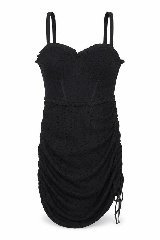 Front view of PRETTYLITTLETHING women’s black cotton bodycon, size UK 12, sweetheart zip