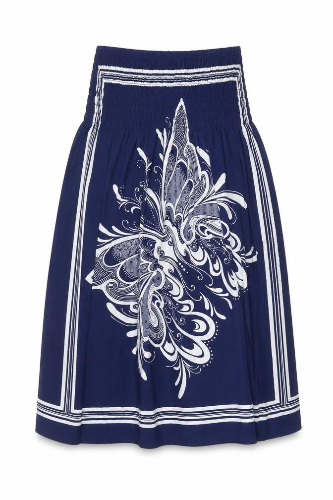 Front view of Nielsson women’s blue geometric polyester fit & flare one size off the shoulder pullover