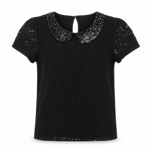 Marks and Spencer Girls Black 100% Cotton Pullover T-Shirt Size 8-9 Years Collared Button - Lace