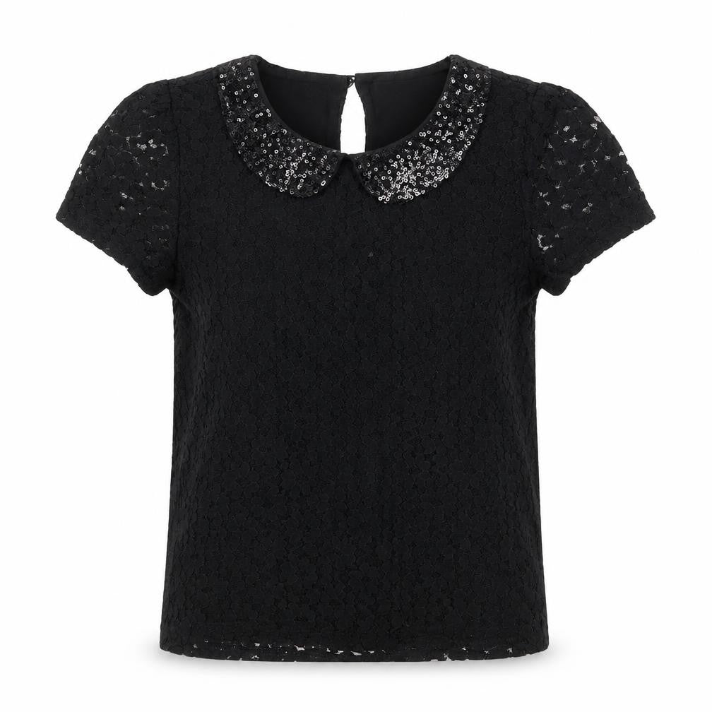 Marks and Spencer Girls Black 100% Cotton Pullover T-Shirt Size 8-9 Years Collared Button - Lace
