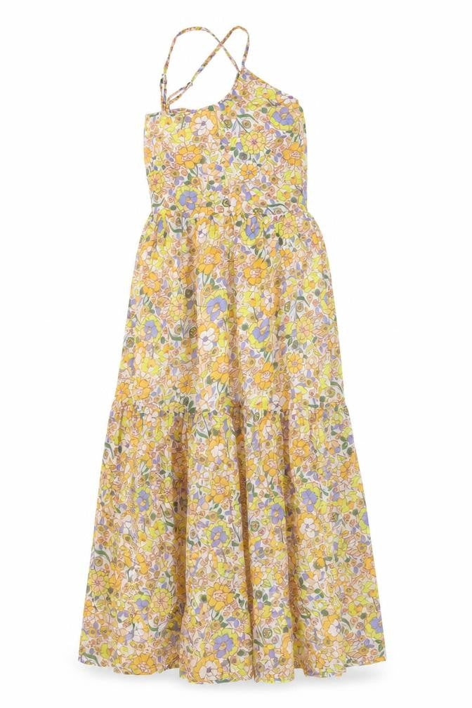 Front view of Violet Romance women’s yellow floral polyester maxi, size UK 6, v-neck pullover