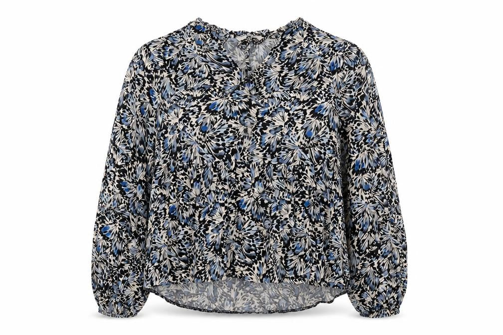 Front view of Tu women’s multicoloured geometric viscose basic blouse, size UK 8, v-neck - butterfly print