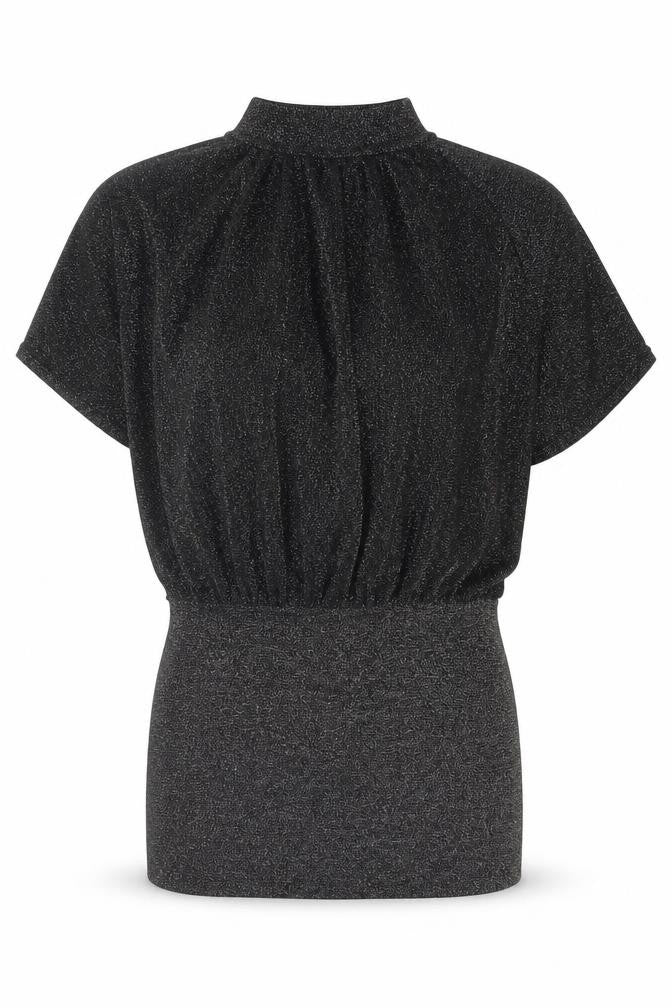 Front view of Phase Eight women’s black geometric viscose tunic blouse, size UK 8, mock neck - open back