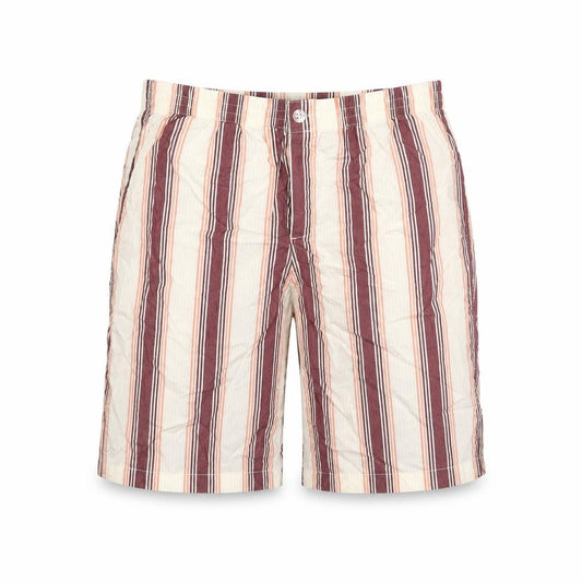 Front view of Preworn women’s beige striped polyester bermuda shorts, size UK 30, in regular button