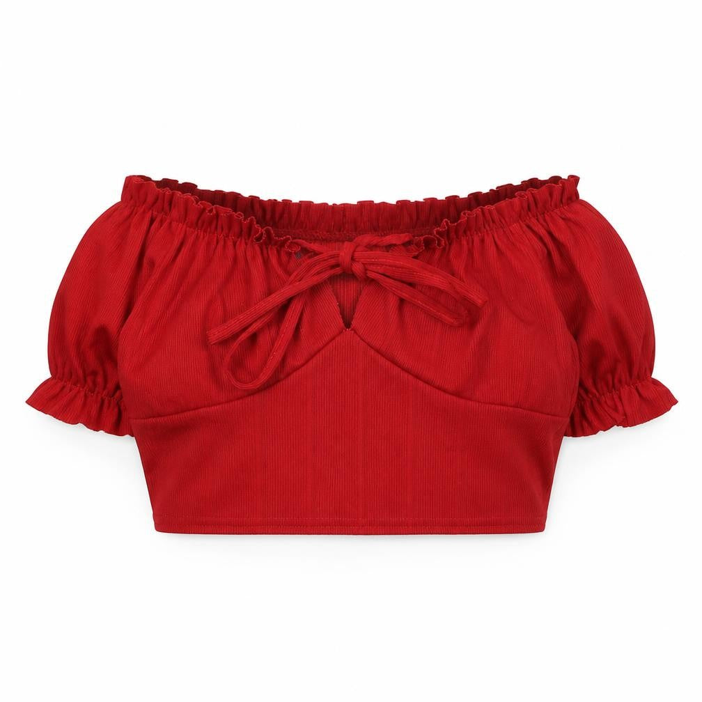 Front view of Boohoo women’s red polyester cropped tank, size UK 8, off the shoulder