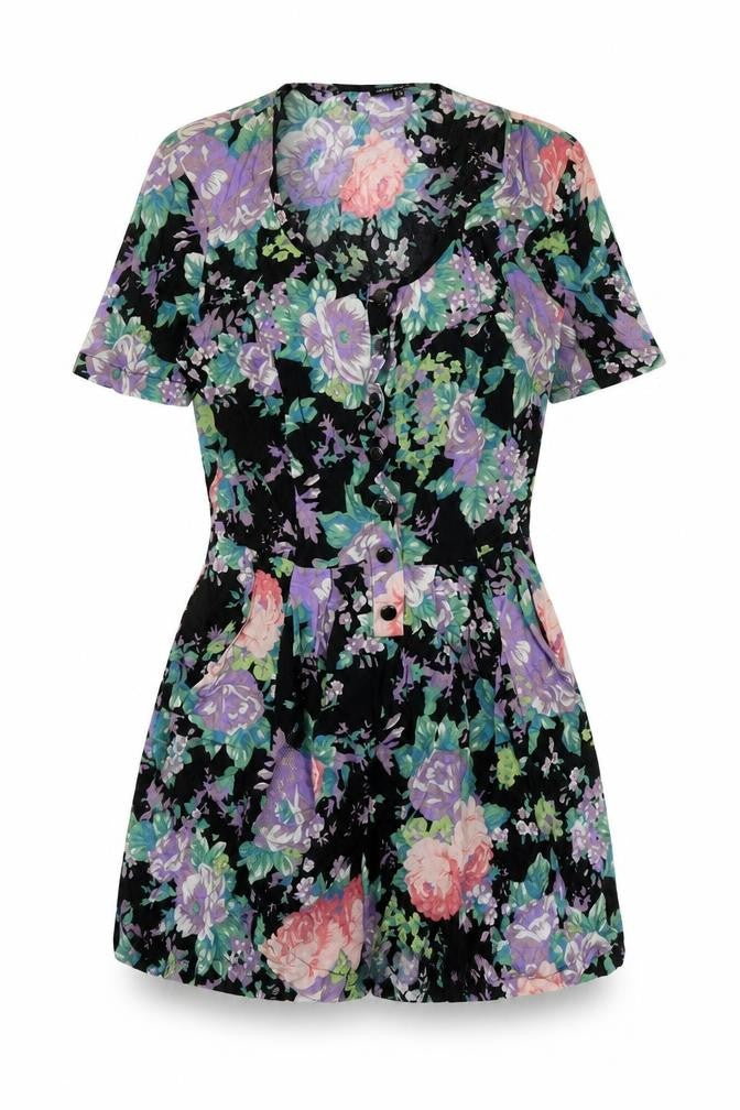 Warehouse Womens Black Floral Viscose Playsuit One-Piece Size 8 Tie