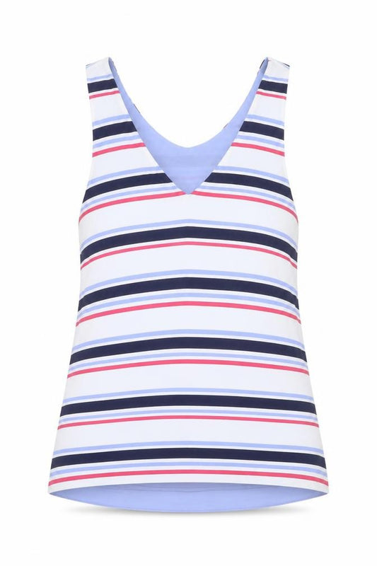 Front view of Next women’s multicoloured striped polyester basic tank, size UK 12, v-neck