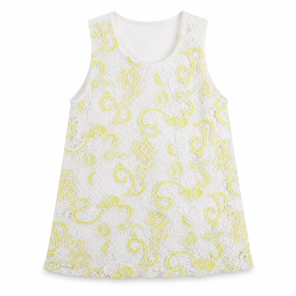 Front view of Peacocks women’s yellow geometric polyester basic tank, size UK 10, round neck - broderie anglaise