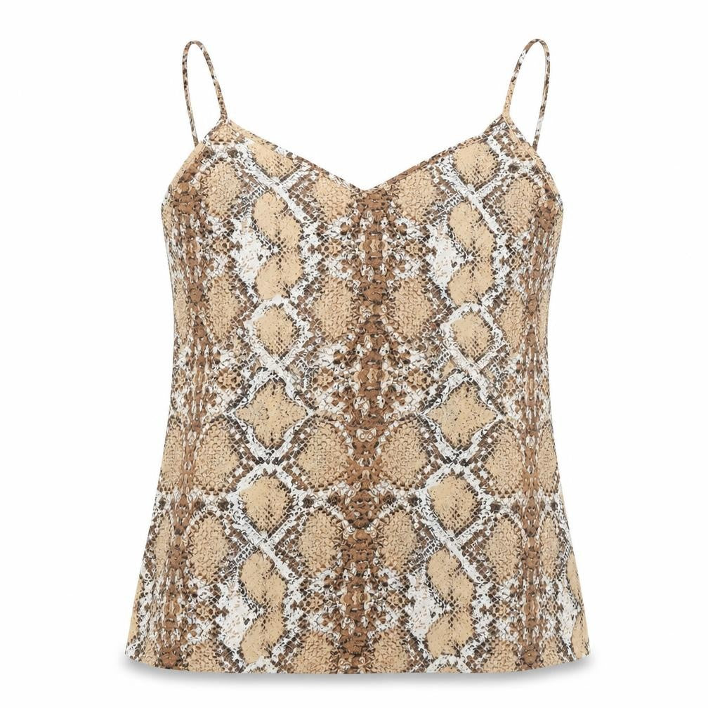 Front view of Marks & Spencer women’s brown geometric polyester basic tank, size UK 8, v-neck