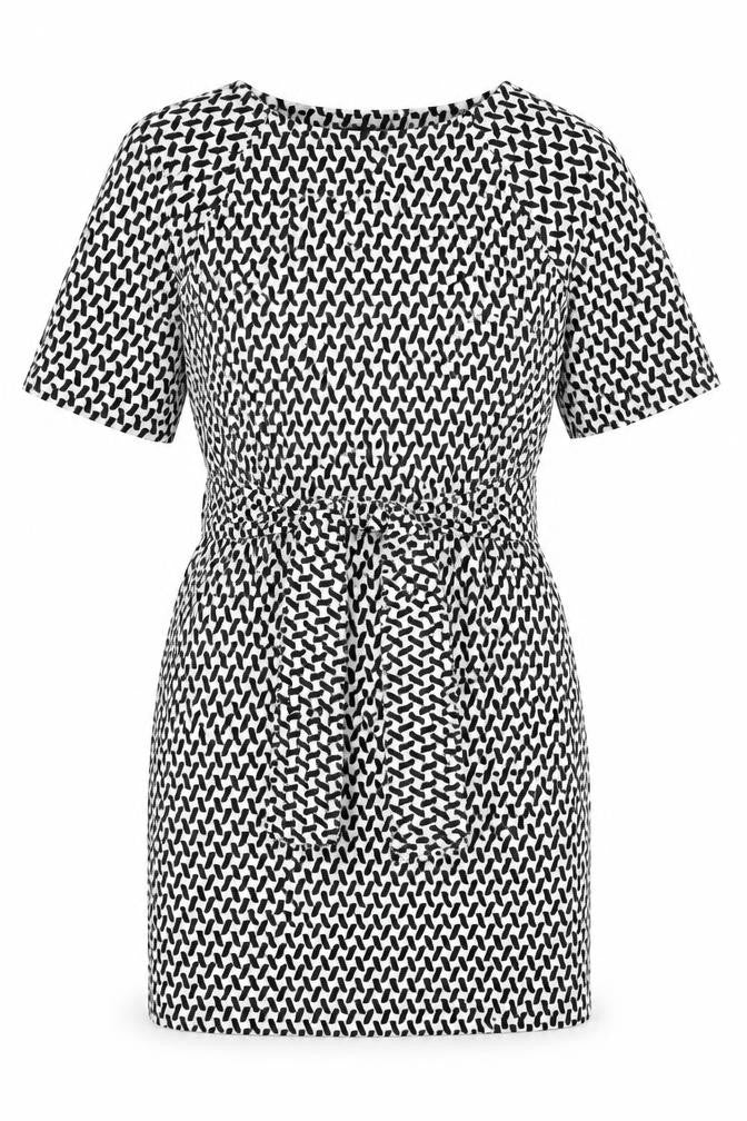 Front view of Next women’s black geometric polyester a-line, size UK 8, boat neck pullover