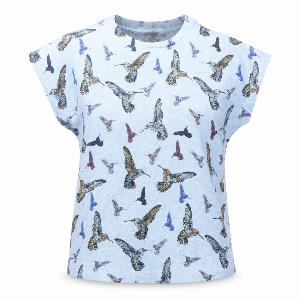 Front view of QED London women’s blue geometric polyester basic t-shirt, size S, round neck - bird pattern