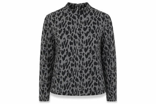 Front view of Warehouse women’s black mock neck animal print polyester jumper, size UK 10