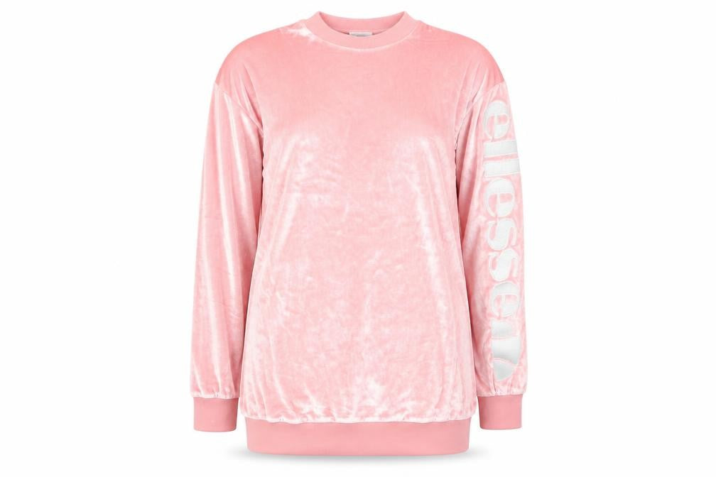 Front view of Ellesse women’s pink round neck polyester jumper, size UK 8