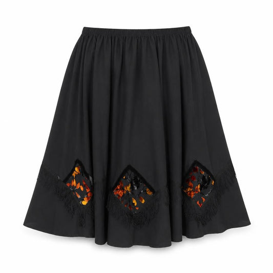 Front view of Sliver Dollar women’s black geometric polyester swing skirt, size L