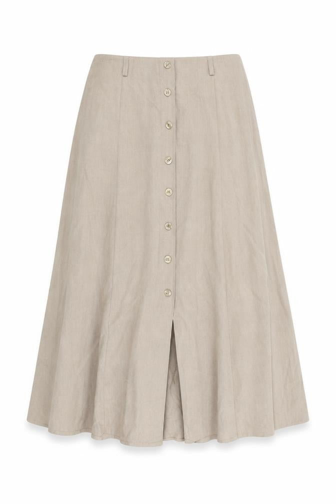 Front view of Berkertex women’s beige polyester swing skirt, size UK 30, in button