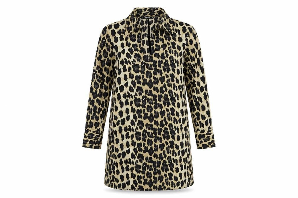 Front view of Zara women’s brown geometric polyester a-line, size S, v-neck pullover